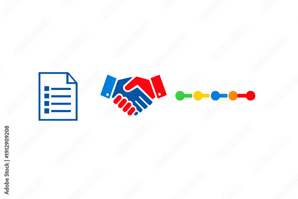 Fototapeta premium Three colorful icons on a black background representing a document with a checklist, a handshake between two people, and a horizontal timeline with five colored circular nodes.