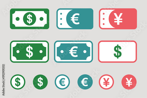 International Banknotes Icon, Dollar, Euro, and Yen Currency Symbols