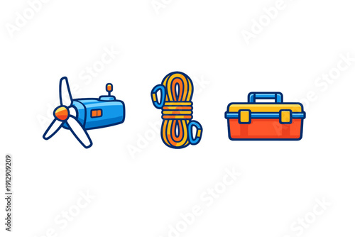 A set of three colorful cartoon icons featuring a blue propeller engine, a coiled climbing rope with carabiners, and a red toolbox, all isolated on a solid black background.