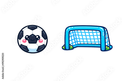 A cute cartoon soccer ball with a smiling face and pink cheeks sits next to a bright blue soccer goal with a net. The illustration features a clean, kawaii style on a black background.