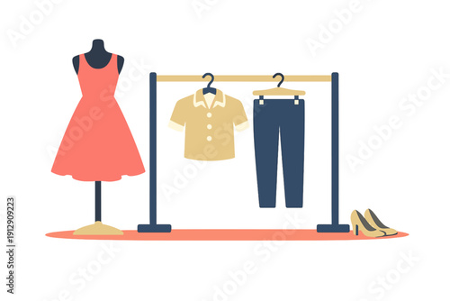 A flat vector illustration of a clothing display featuring a pink dress on a mannequin, a shirt and pants on a rack, and a pair of high-heeled shoes on the floor.