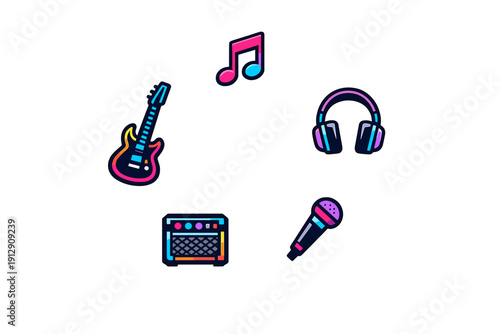 Vibrant neon music icons featuring an electric guitar, musical note, headphones, amplifier, and microphone on a black background. The set uses a glowing pink and blue gradient style.
