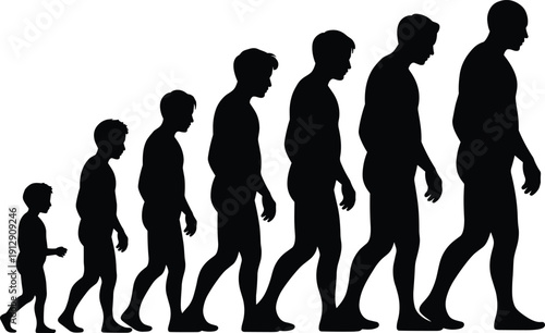 Human growth stages silhouette evolution from child to adult man, male aging process timeline, black vector illustration concept