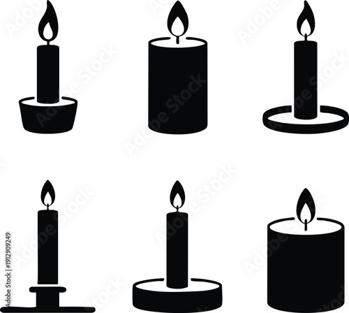 Six Stylized Variations of Candle Shapes and Holders, Clean Graphic Symbols Representing Light, Memory, and Warmth, vector, illustration, silhouette.