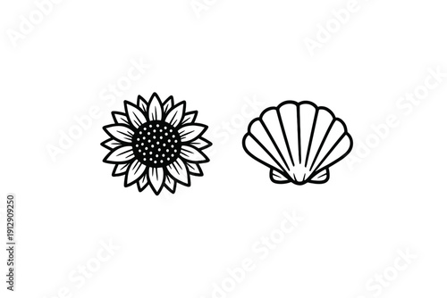 A minimalist illustration featuring two white line art icons on a solid black background, depicting a detailed sunflower and a scalloped seashell in a vector style.