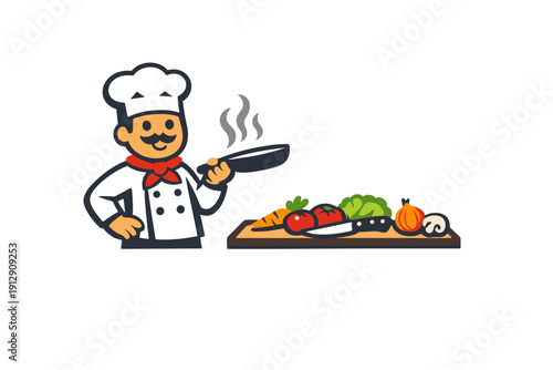 A cartoon chef with a mustache and a red neckerchief holds a steaming frying pan next to a cutting board with fresh vegetables like tomatoes and carrots on a black background.