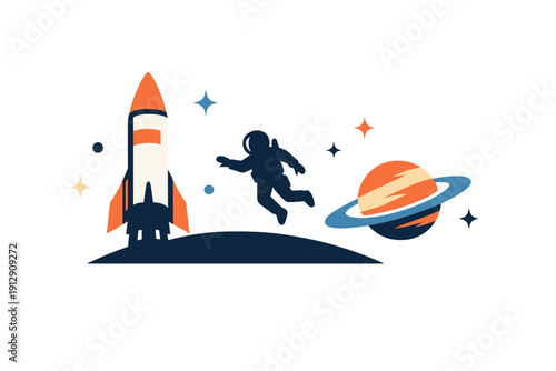 This minimalist vector graphic features a rocket, a floating astronaut, and a ringed planet in outer space, set against a dark background with stars and a horizon.
