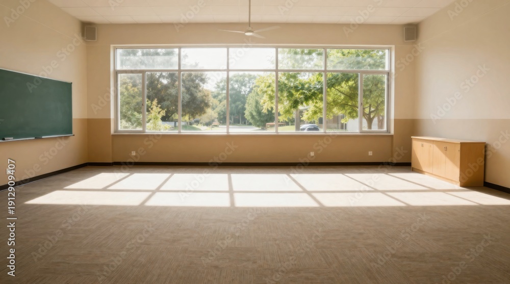Fototapeta premium Empty Classroom with Natural Light Streaming Through a Large Window, Featuring a Chalkboard and Minimalist Design