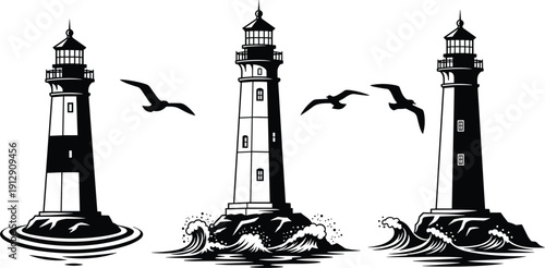 Black and white lighthouse silhouette set with ocean waves and seagulls, nautical maritime navigation elements isolated on white background, vector.