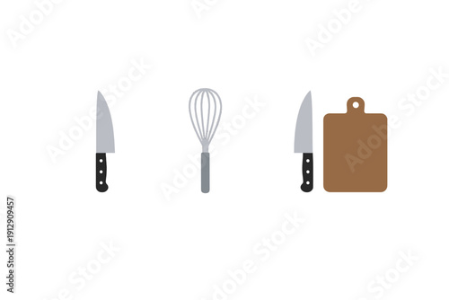 This graphic illustration displays essential kitchen utensils like a chef's knife, a metal whisk, and a wooden cutting board arranged in three separate sections on a dark backdrop.