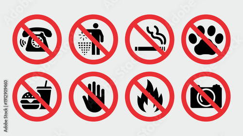 Prohibition Signs: A series of vibrant prohibition signs that are designed to communicate specific rules in a clear and universally understandable manner.