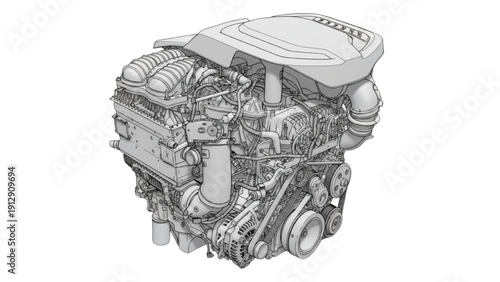 Inline 6 Cylinder Engine CAD Engineering Technical Illustration on White Background
