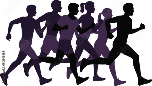 Marathon runners silhouette group illustration, men and women running race vector design isolated on white background