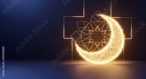 Golden Sparkling Crescent Moon with Islamic Geometric Pattern on Dark Blue Gradient Background, Luxury Ramadan Kareem Celebration Design with Glowing Light and Elegant Ornament