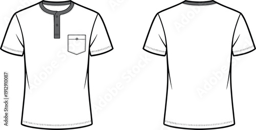 Men henley t shirt front and back view, short sleeve casual apparel mockup template isolated black and white vector illustration