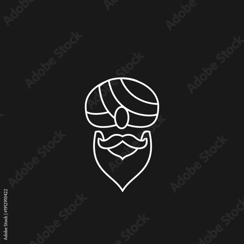 Minimalist Turbaned Man Head Icon with Beard and Mustache. Line Art Avatar Representing Traditional Culture, Wisdom, or Guru.