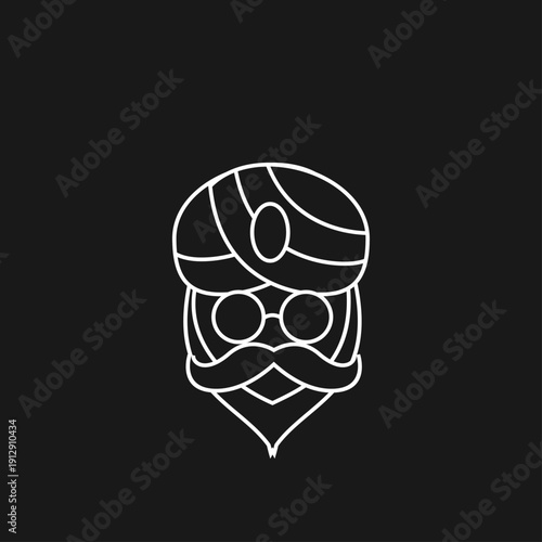 Minimalist Line Art Illustration of a Turbaned Man with Glasses, Mustache, and Beard