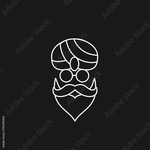 Minimalist Line Art Head Icon of Man with Turban, Glasses, Mustache, and Beard