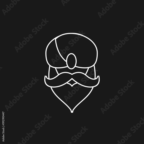 Stylized man head icon with turban, mustache, and long beard. Minimalist line art vector.