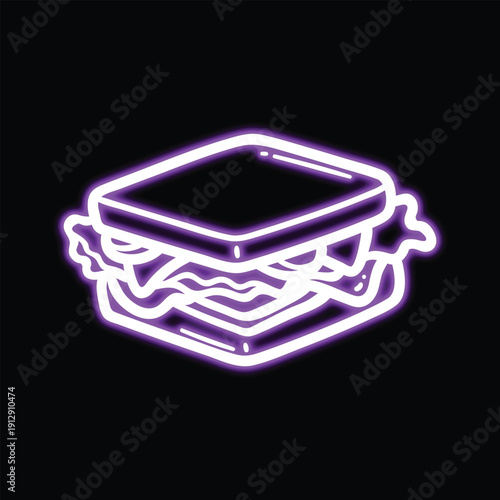 Purple Neon Sandwich Icon with Lettuce and Meat on Black Background Minimalist Stock Illustration
