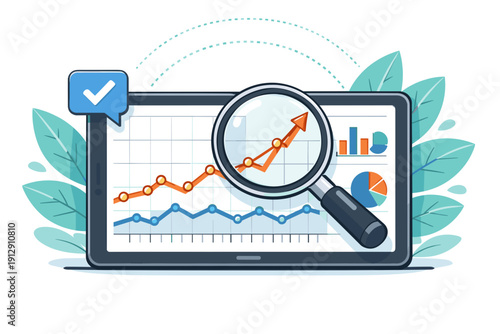 Digital tablet displaying financial growth chart with magnifying glass and checkmark.