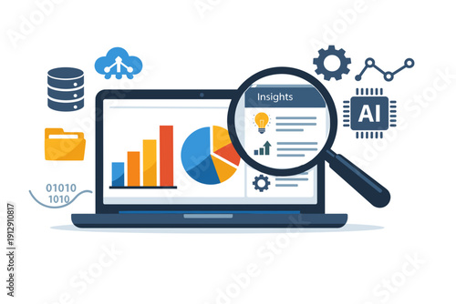 Data analysis and insights on laptop screen with magnifying glass.