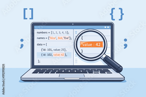 Laptop displaying code with magnifying glass over value.