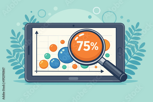 Tablet displaying data analysis with magnifying glass showing seventy five percent.