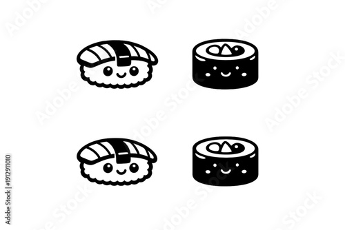 This image displays four stylized icons featuring sushi maki rolls and cute faces. The graphics are organized in a two-by-two grid against a solid black backdrop in a kawaii aesthetic.