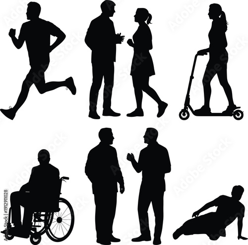 People activity silhouettes set, man running talking riding scooter wheelchair user and breakdancer isolated on white background