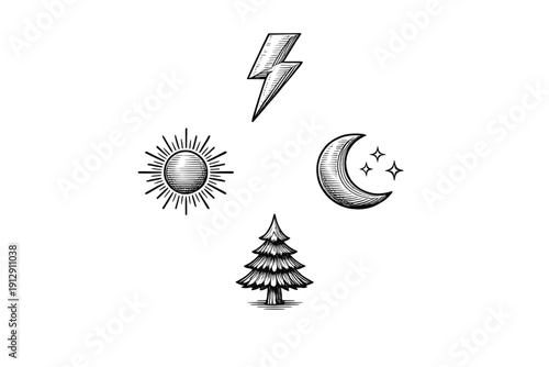 A collection of four white woodcut-style icons including a lightning bolt, sun, crescent moon with stars, and an evergreen tree, all arranged in a diamond pattern on a black background.