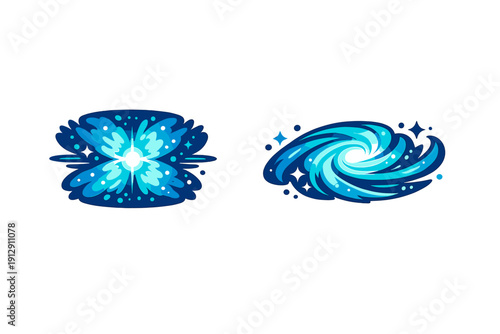 Two stylized blue cosmic illustrations on a black background featuring a symmetrical starburst explosion and a swirling spiral galaxy with bright white centers and glowing stars.