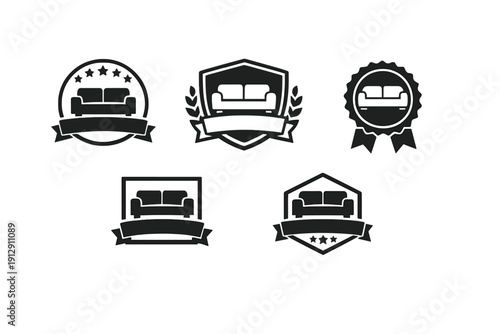 A collection of five black and white furniture logo emblems featuring a sofa silhouette inside various shapes like shields, circles, and ribbons for interior design branding.