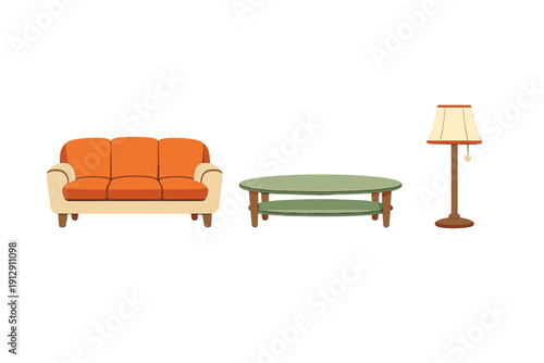 This illustration displays a set of living room furniture including a three-seater orange couch, a green two-tier coffee table, and a classic floor lamp on a black backdrop.
