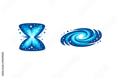 A set of two blue celestial icons on a black background including a glowing hourglass nebula and a swirling spiral galaxy with bright white centers and small star accents.