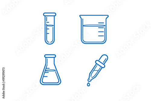 A set of four blue outline icons representing laboratory glassware including a test tube, beaker, Erlenmeyer flask, and a dropper, all displayed on a solid black background.