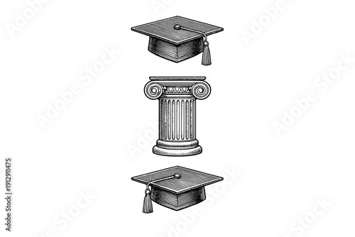 This black and white illustration shows two mortarboards and a classical Greek column in a vintage woodcut style. It symbolizes education, academic excellence, and architectural history.