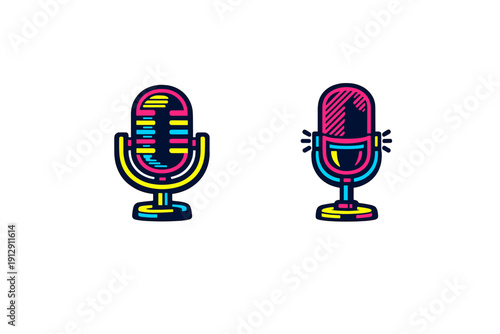 Vibrant neon microphone illustrations in pink, yellow, and cyan colors on a black background. These graphic icons represent podcasting, radio broadcasting, and audio recording.
