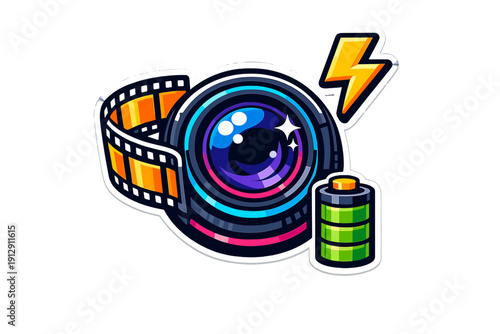 A vibrant cartoon illustration of a camera lens surrounded by a film strip, a yellow lightning bolt, and a green battery, set against a black background in a sticker style.