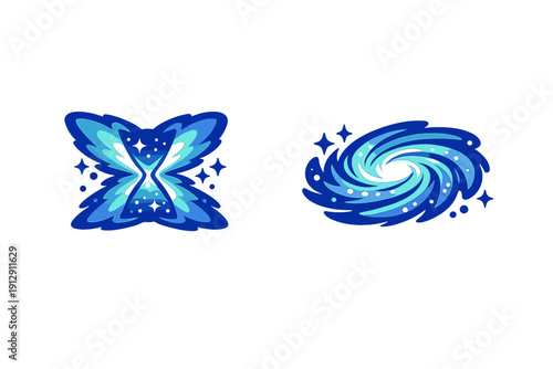 Two blue cosmic icons on a black background including a stylized hourglass with energy wings and a swirling spiral galaxy, both filled with stars and glowing light.