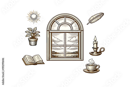 Vintage engraving style illustrations of an arched window, sun, potted plant, open book, feather, lit candle, and steaming cup of coffee, all set against a solid black background.