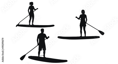 People engaging in paddleboarding on calm waters with serene surroundings and fitness