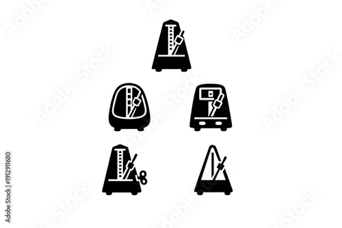 A collection of five white minimalist metronome icons displayed on a solid black background. The set includes various designs of mechanical and digital timekeeping devices for music.