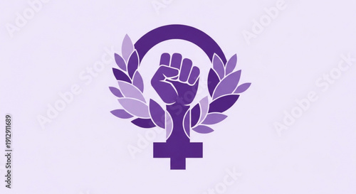 Purple feminist symbol with raised fist and laurel wreath on light background representing female empowerment and strength