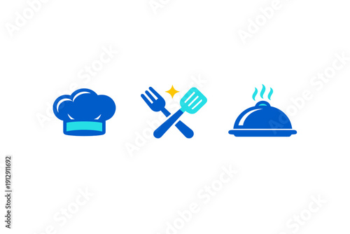 Three blue and cyan culinary icons featuring a chef hat, crossed fork and spatula, and a steaming food cloche set against a solid black background for a minimalist design.
