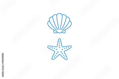 A blue neon-style outline of a seashell and a starfish are centered on a solid black background. The minimalist line art depicts marine life in a glowing, modern aesthetic.