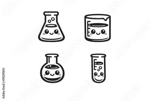 Four minimalist black and white illustrations of laboratory glassware with cute smiling faces. The set includes an Erlenmeyer flask, a beaker, a round flask, and a test tube.