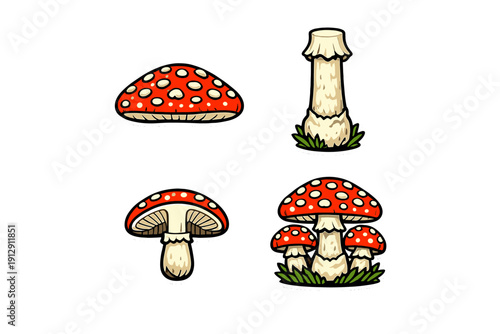 A set of four cartoon mushroom stickers featuring red caps with white spots and cream-colored stems. The illustrations include individual caps, stalks, and clusters on a black background.