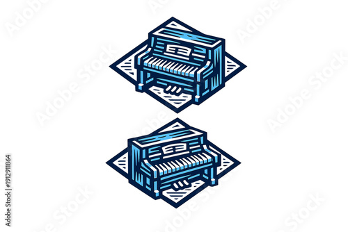 A pair of stylized upright piano illustrations featuring a blue and white color scheme on a black background. The graphic design includes isometric views and diamond frames.