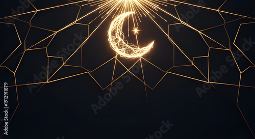 Golden Light Crescent Moon with Radiant Starburst and Islamic Geometric Pattern on Dark Blue Background, Luxury Ramadan Kareem Celebration Banner with Elegant Glowing Lines